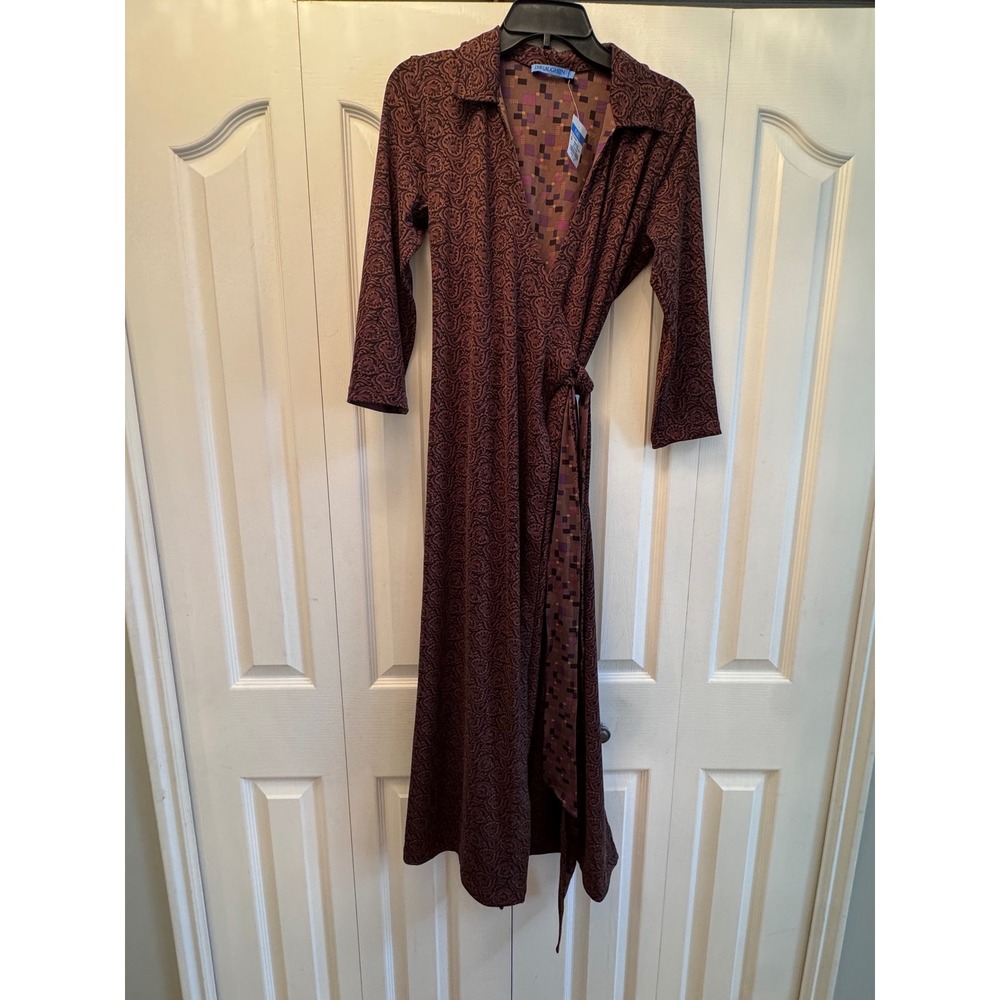 J.McLaughlin Ruthie Wrap Dress Brown Multi Block Party Paisley Midi Collared S